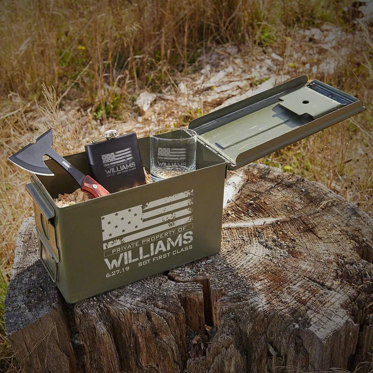 Personalized Ammo Box with Tactical Hatchet and Whiskey Gift Set for US Military