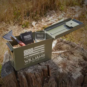 Personalized Ammo Box with Tactical Hatchet and Whiskey Gift Set for US Military