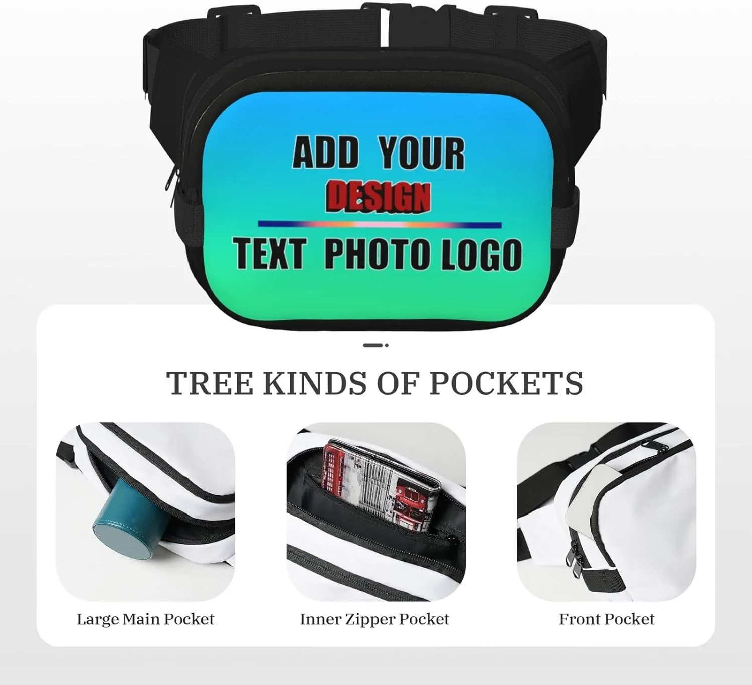 Personalized Fanny Pack Custom Waist Bag with Text Logo Photo Adjustable Belt Bag for Men Women Travel Hiking Running