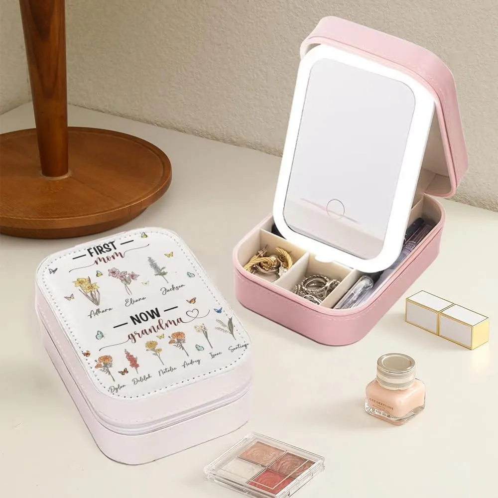 Personalized First Mom Now Grandma LED Makeup Box, Custom Travel Cometic Case with Lighted Mirror, Portable Makeup Organizer, Gift for Mom, Daughter, Women & Girls