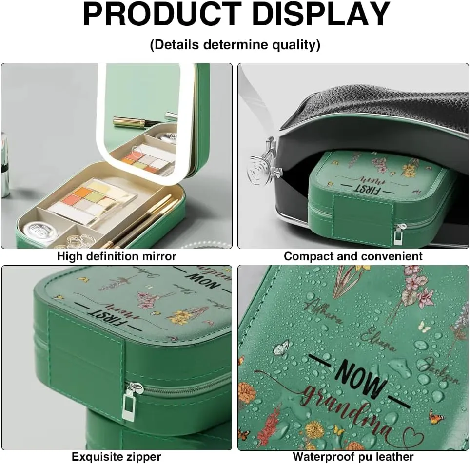 Personalized First Mom Now Grandma LED Makeup Box, Custom Travel Cometic Case with Lighted Mirror, Portable Makeup Organizer, Gift for Mom, Daughter, Women & Girls