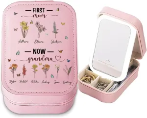 Personalized First Mom Now Grandma LED Makeup Box, Custom Travel Cometic Case with Lighted Mirror, Portable Makeup Organizer, Gift for Mom, Daughter, Women & Girls