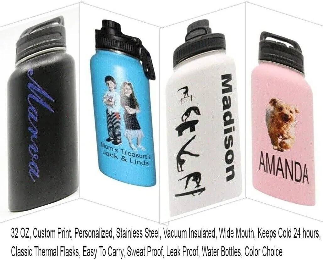 Personalized Insulated Stainless Steel Sports 18/32oz Water Bottle Custom Print Engraved Keeps Cold for 24 Hours Classic Easy To Carry Thermal Flasks Color & Design Choice (32oz W/Name & Photo)