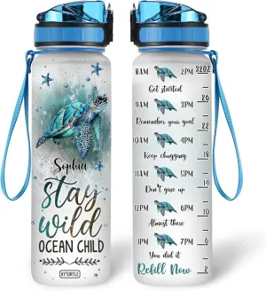 Personalized Stay Wild Ocean Child Turtle 32Oz 1Liter Motivational Water Bottle, Customized Name With Time Marker Gifts For Women, Gifts For Turtle Lovers On Birthday, Mother's Day, Any Anniversary