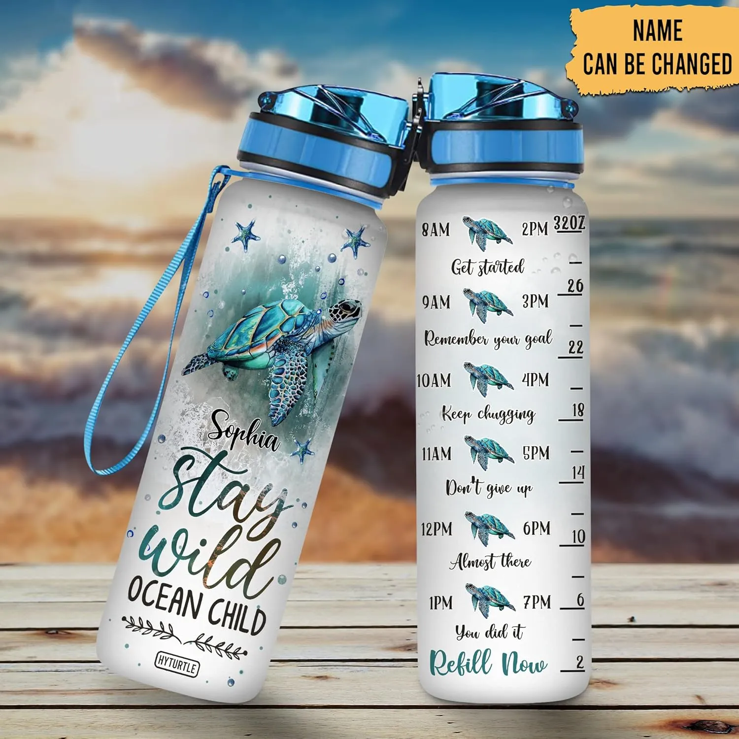 Personalized Stay Wild Ocean Child Turtle 32Oz 1Liter Motivational Water Bottle, Customized Name With Time Marker Gifts For Women, Gifts For Turtle Lovers On Birthday, Mother's Day, Any Anniversary