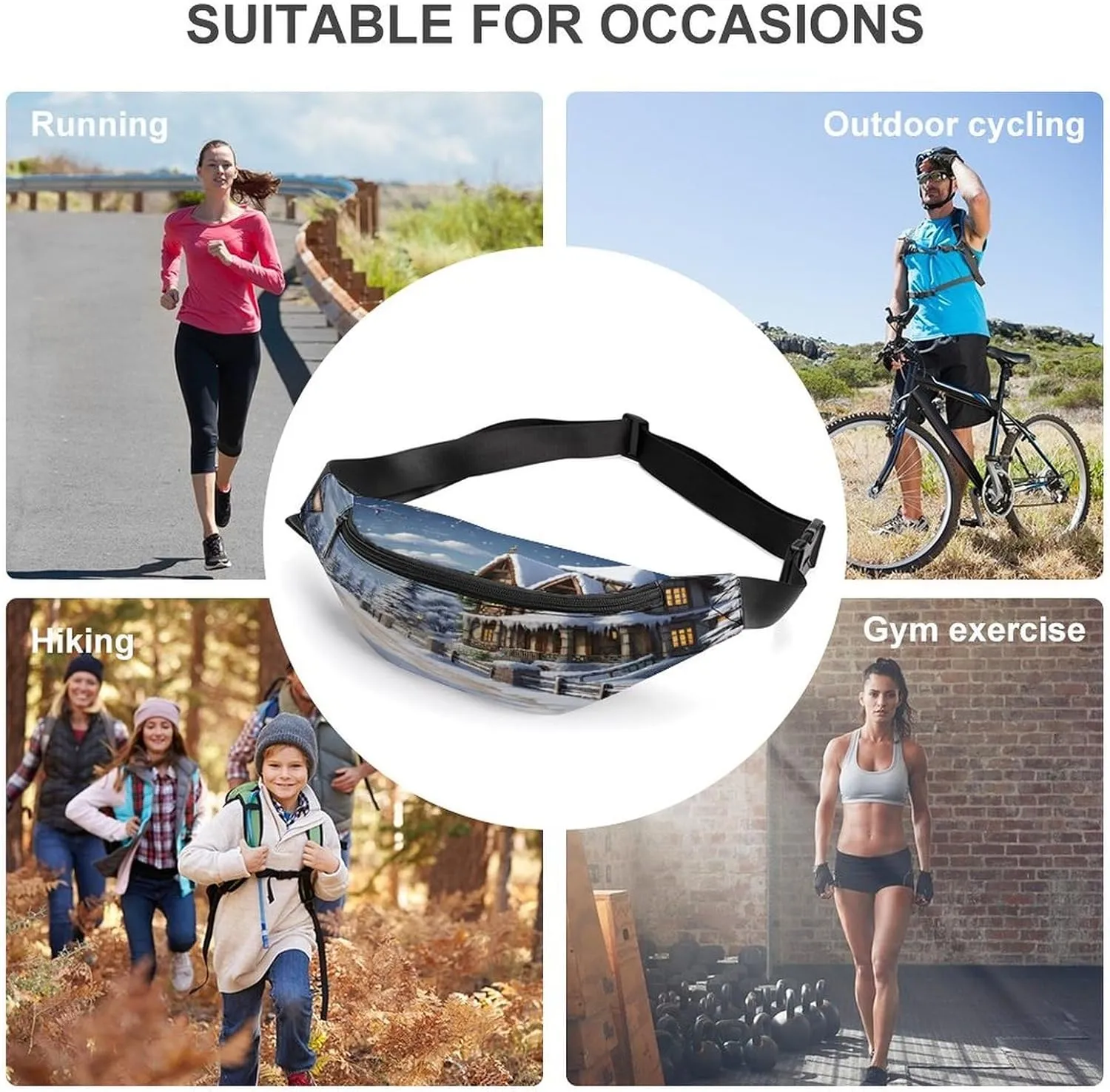 Personalized Waist Packs with Adjustable Strap,Christmas Winter Happy Scene CrossBody Fanny Pack Casual Bag for Travel Sports Running Hiking