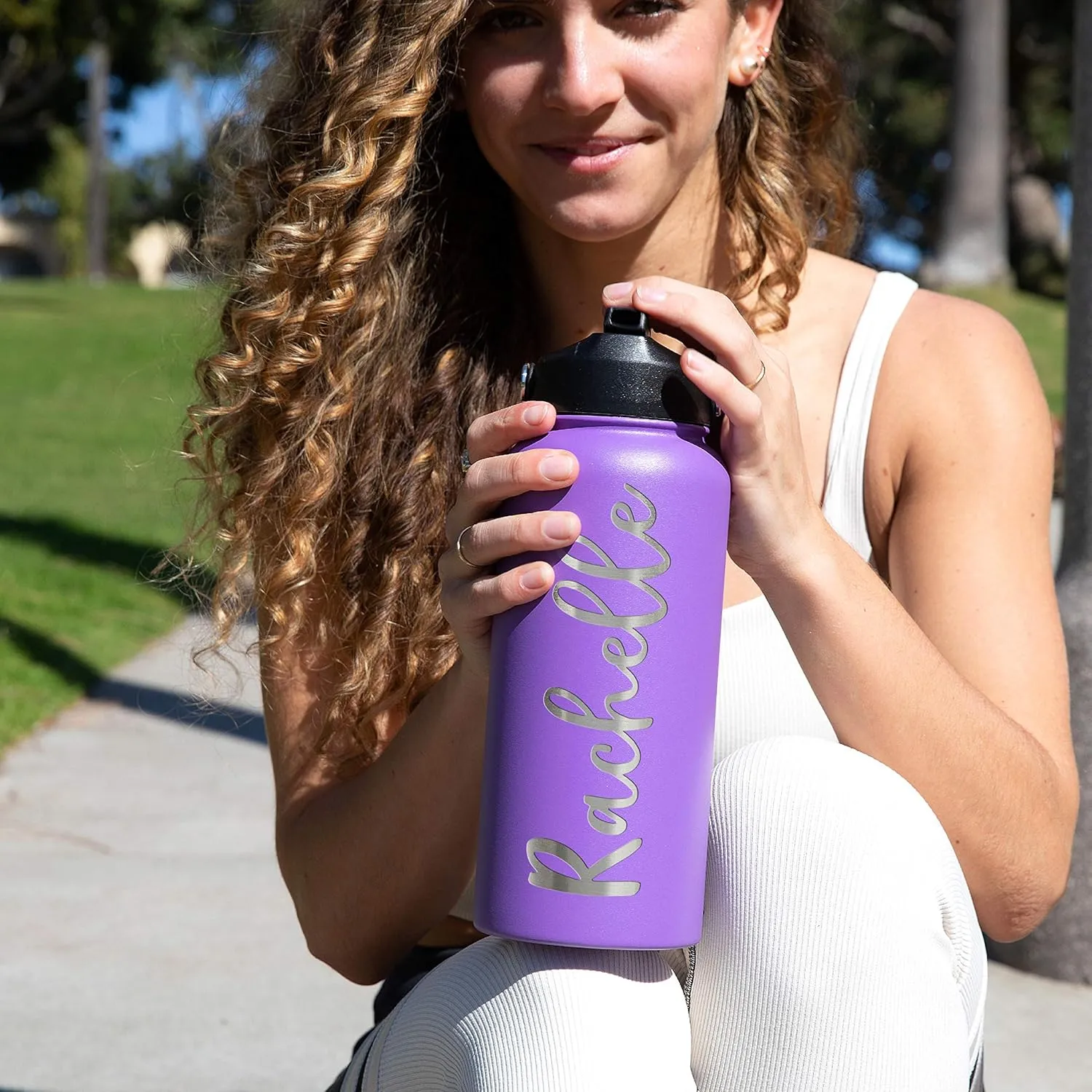 Personalized Water Bottle w Straw Lid Double Wall Insulated | 32 oz - 12 Font - Gray | 9 Color Custom Water Bottle w Name and Text, BPA Free - Non Sweat - Vacuum Insulated