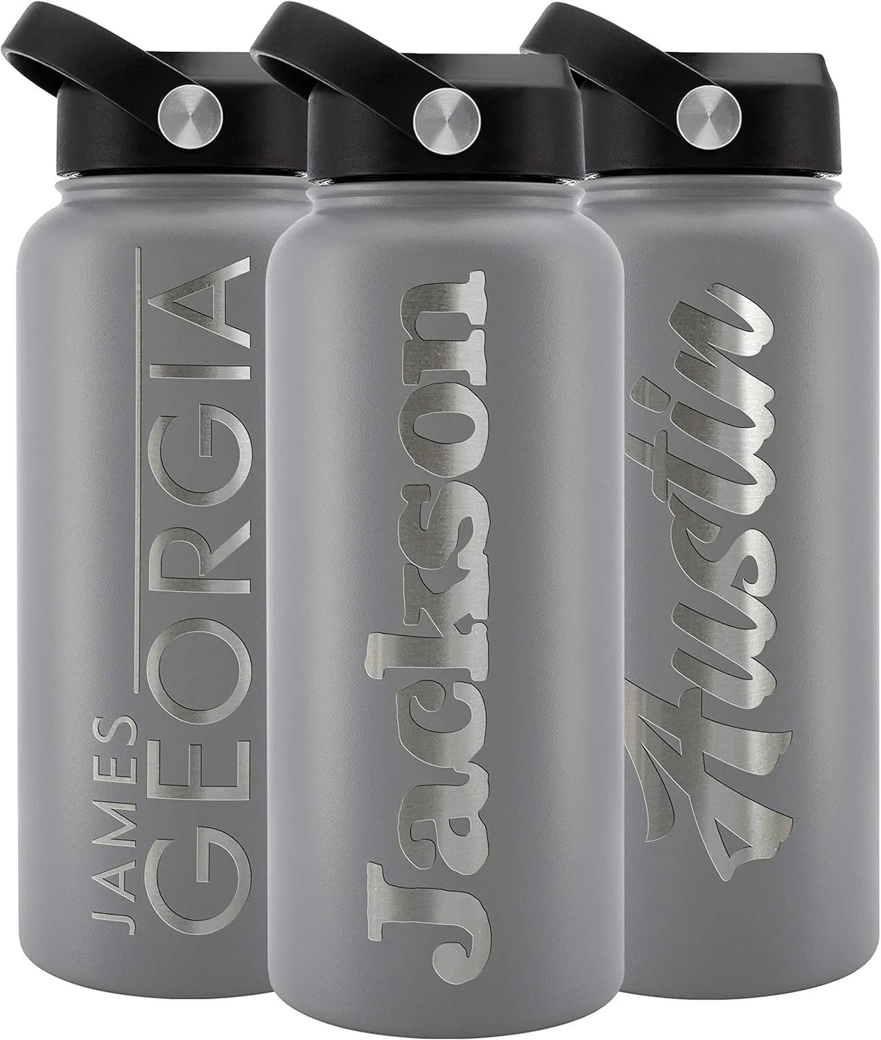 Personalized Water Bottle w Straw Lid Double Wall Insulated | 32 oz - 12 Font - Gray | 9 Color Custom Water Bottle w Name and Text, BPA Free - Non Sweat - Vacuum Insulated
