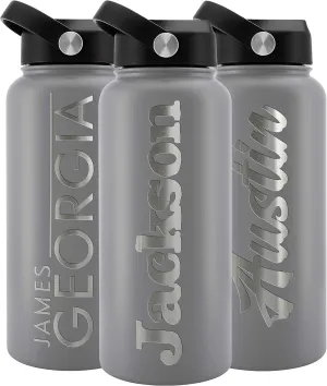 Personalized Water Bottle w Straw Lid Double Wall Insulated | 32 oz - 12 Font - Gray | 9 Color Custom Water Bottle w Name and Text, BPA Free - Non Sweat - Vacuum Insulated