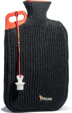 Peterpan Rubber Hot Water Bottle with Knitted Cover, Extra Large & Thick for Pain Relief, 90 Fl Oz Capacity,BPA & Phthalates Free, Handle & 2nd Gen Lanyard Cap, Safe & Comfortable Heat Therapy, Black