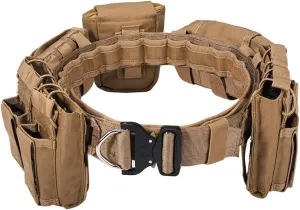 PEXL Tactical Belt Molle with 5 Pouch, Quick Release Buckle Adjustable Tactical Belt Men Military Battle Belt Inner Outer Belt for Outdoor CS Game Hunting Hiking Camping - Tan