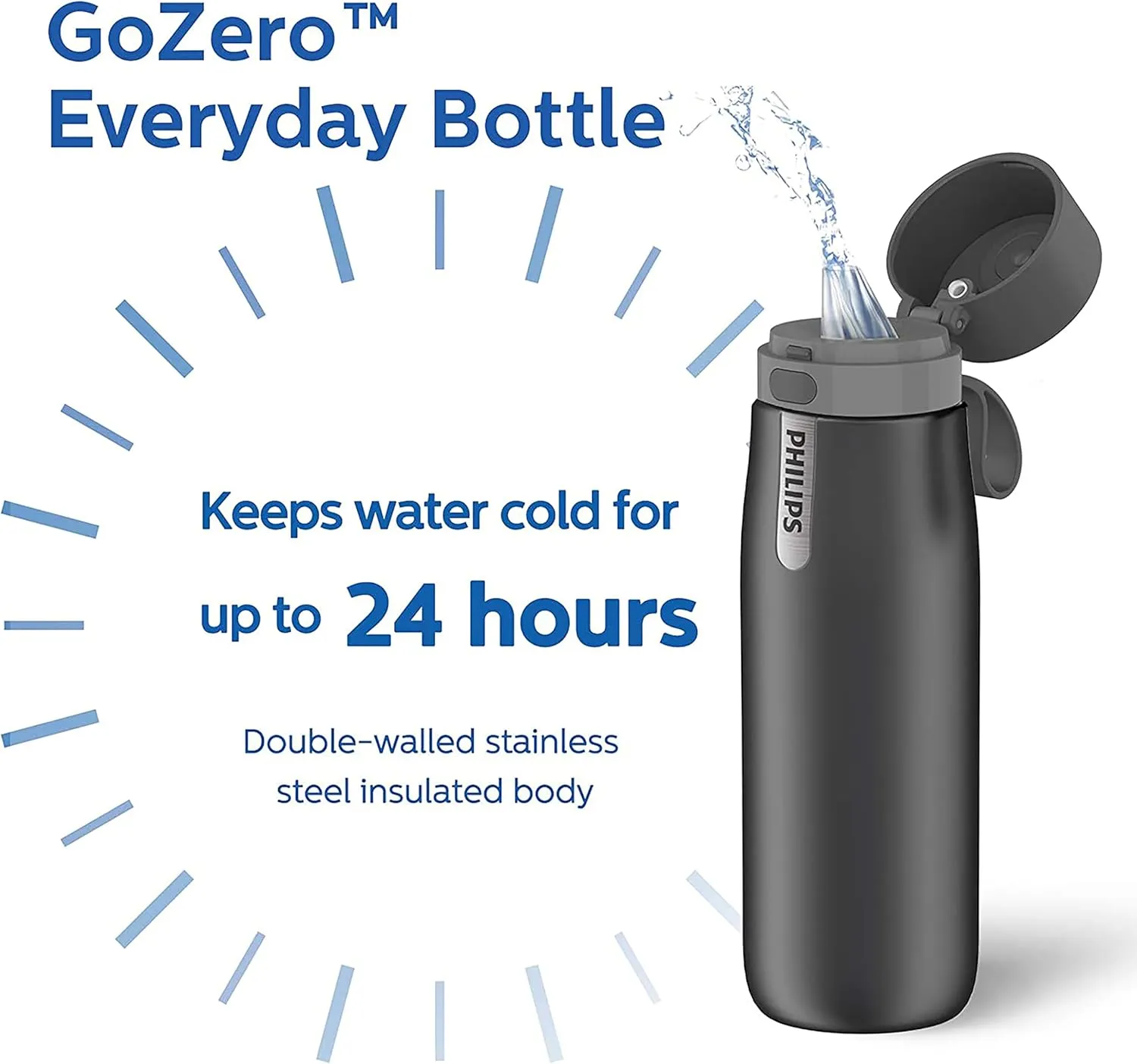 PHILIPS Water Bottle with Filter, Filter Water Bottle Stainless Steel with GoZero Everyday BPA-Free Tap Water Filter, Water Filter Bottle Keep Drink Cold 24 Hours