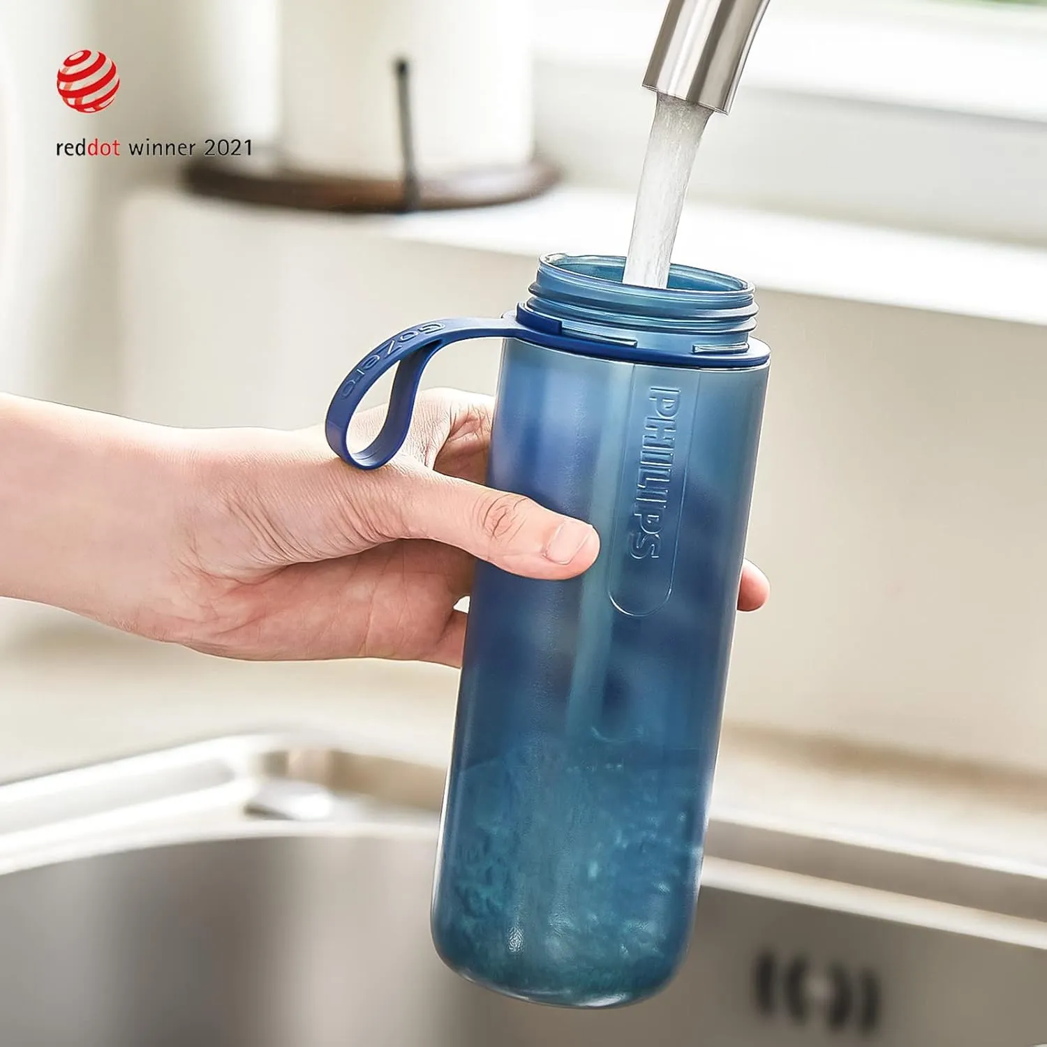 PHILIPS Water GoZero Active BPA-Free Water Bottle with Fitness Tap Water Filter, Sport Squeeze Water Bottle, Lightweight, 32 oz with Fitness Filter, Blue