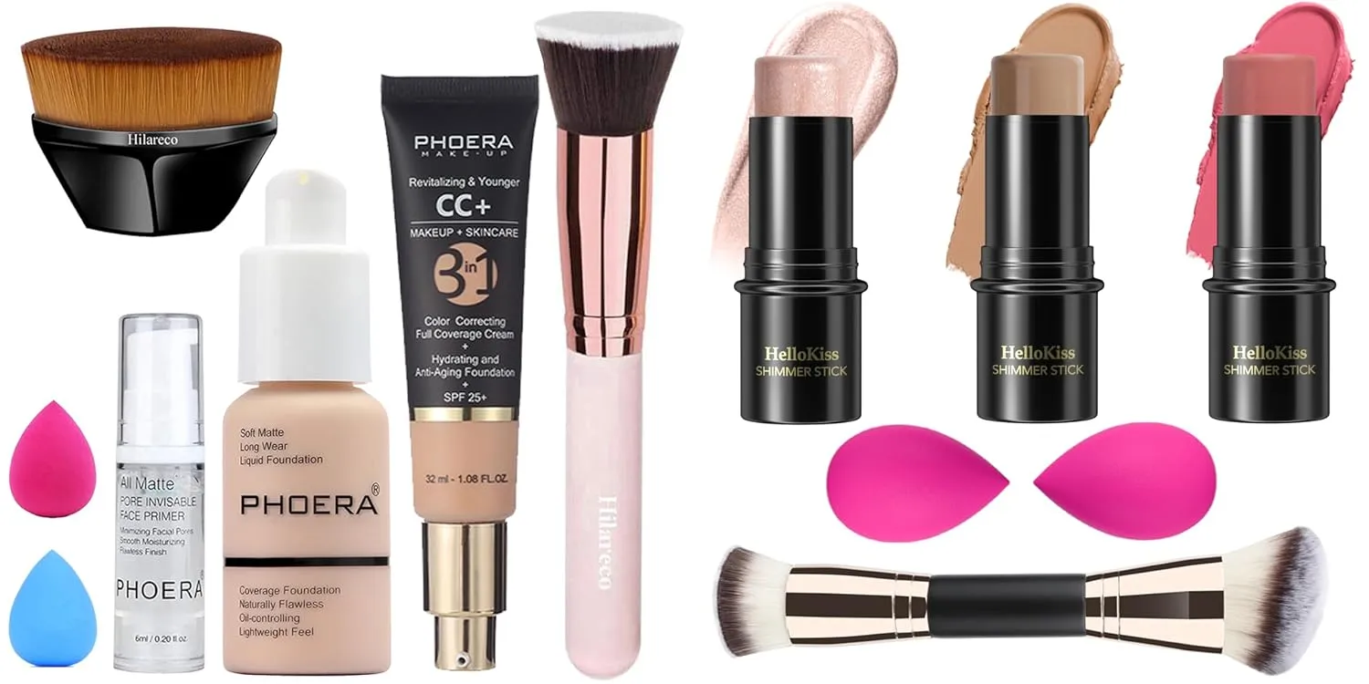 PHOERA Foundation,PHOERA CC  Cream Color Correcting Anti Aging Hydrating Serum &SPF 25 ,3 Pcs Cream Contour Stick Makeup Kit, Shades with Highlighter Stick, Blush Stick and Bronzer Contour Stick