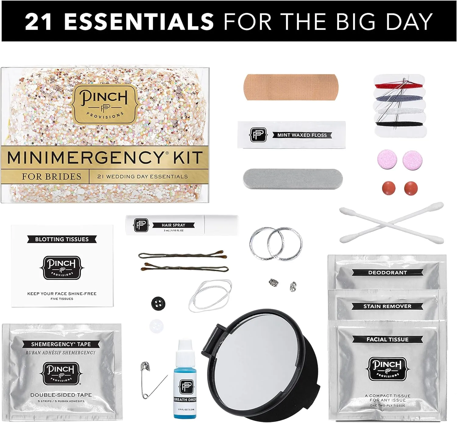 Pinch Provisions Minimergency Kit for Brides, Includes 21 Must-Have Essential Items for The Big Day, Compact, Multi-Functional Zipper Pouch, Perfect Survival Kit for Team Bride