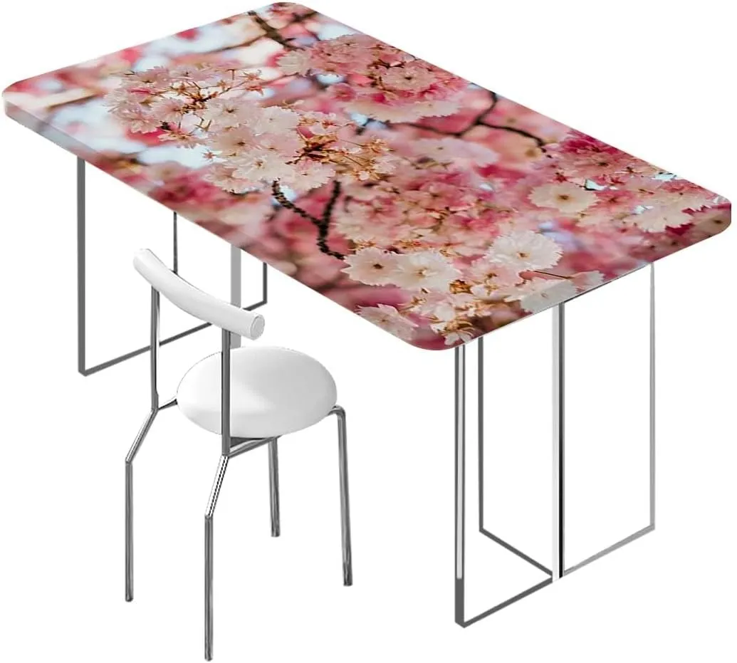 Pink Beige Elastic Fitted Tablecloths, Pink Antique Decor Protector with Elastic for Rectangle Picnic Tables, Washable Cherry Fits up 5 Foot Tables