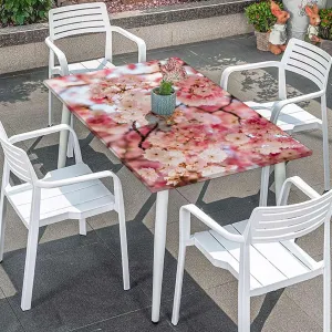 Pink Beige Elastic Fitted Tablecloths, Pink Antique Decor Protector with Elastic for Rectangle Picnic Tables, Washable Cherry Fits up 5 Foot Tables