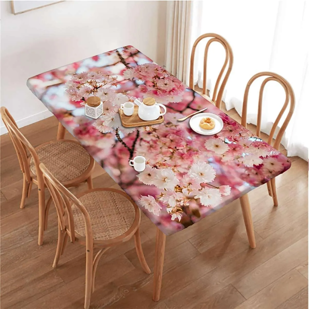 Pink Beige Elastic Fitted Tablecloths, Pink Antique Decor Protector with Elastic for Rectangle Picnic Tables, Washable Cherry Fits up 5 Foot Tables