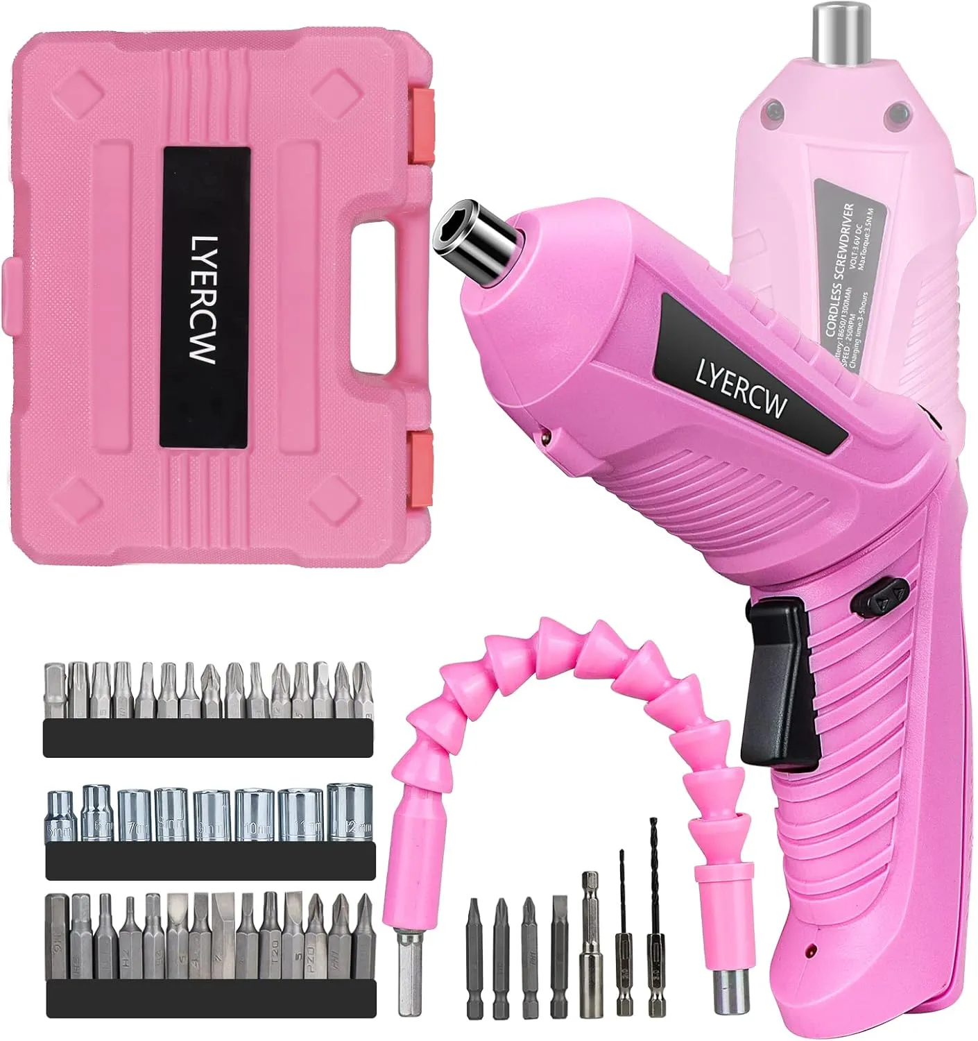 Pink Cordless Screwdriver Set with Rechargeable Battery and Charger, Rotating Handle, LED Light, 47PCS Drill/Driver Accessories, Lightweight and Portable Electric Screwdriver for Women