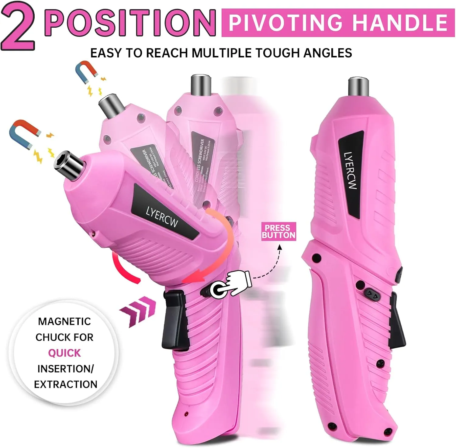 Pink Cordless Screwdriver Set with Rechargeable Battery and Charger, Rotating Handle, LED Light, 47PCS Drill/Driver Accessories, Lightweight and Portable Electric Screwdriver for Women