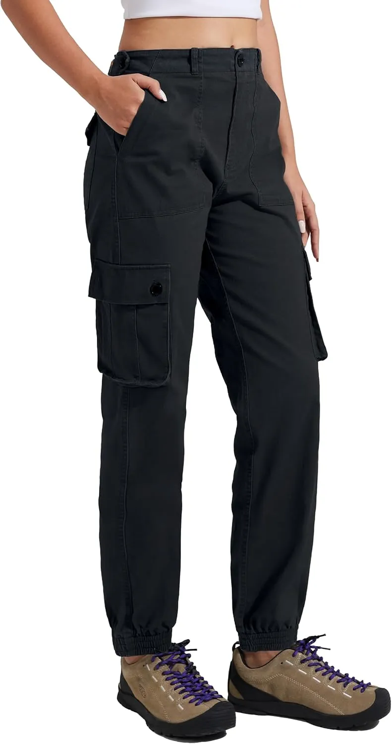 Pioneer Camp Women's Stretchy Cargo Pants with Pockets High-Rise Casual Hiking Cotton Joggers Adjustable Waistband with Belt