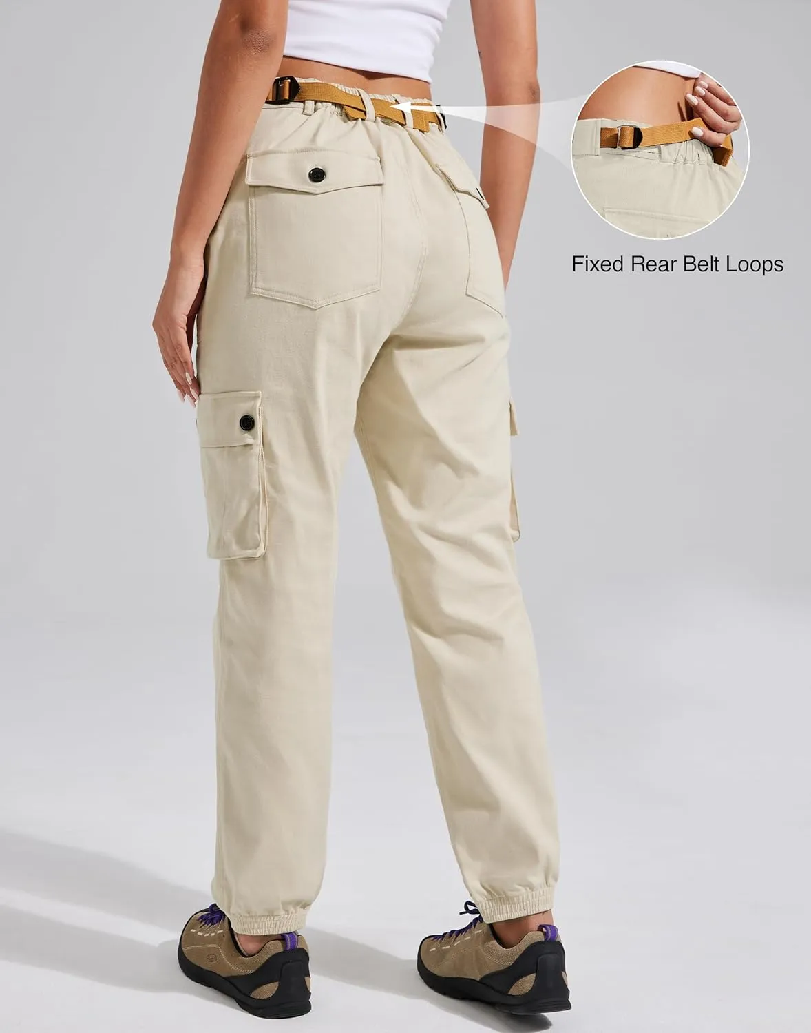 Pioneer Camp Women's Stretchy Cargo Pants with Pockets High-Rise Casual Hiking Cotton Joggers Adjustable Waistband with Belt