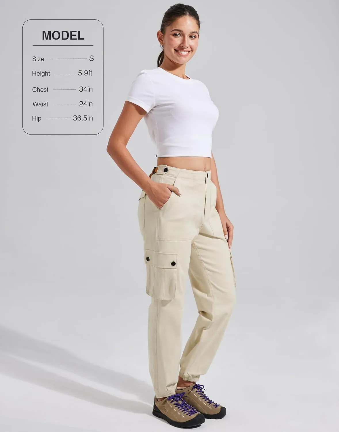 Pioneer Camp Women's Stretchy Cargo Pants with Pockets High-Rise Casual Hiking Cotton Joggers Adjustable Waistband with Belt