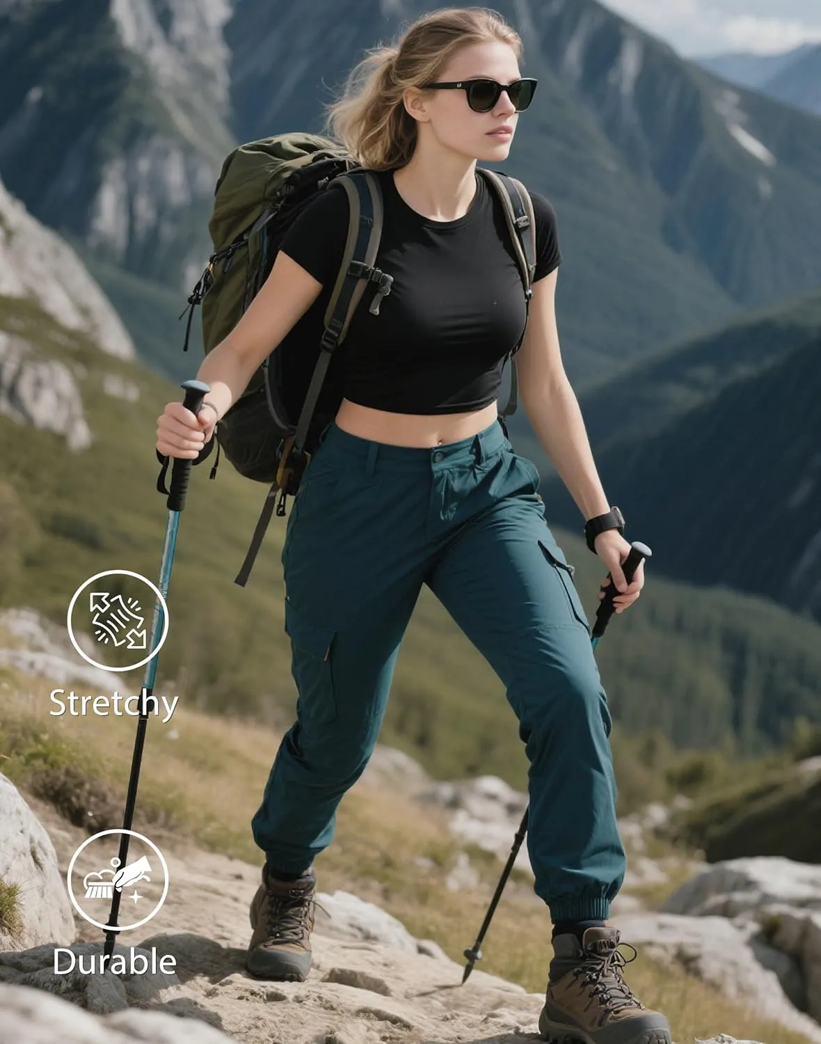Pioneer Camp Women's Stretchy Cargo Pants with Pockets High-Rise Casual Hiking Cotton Joggers Adjustable Waistband with Belt