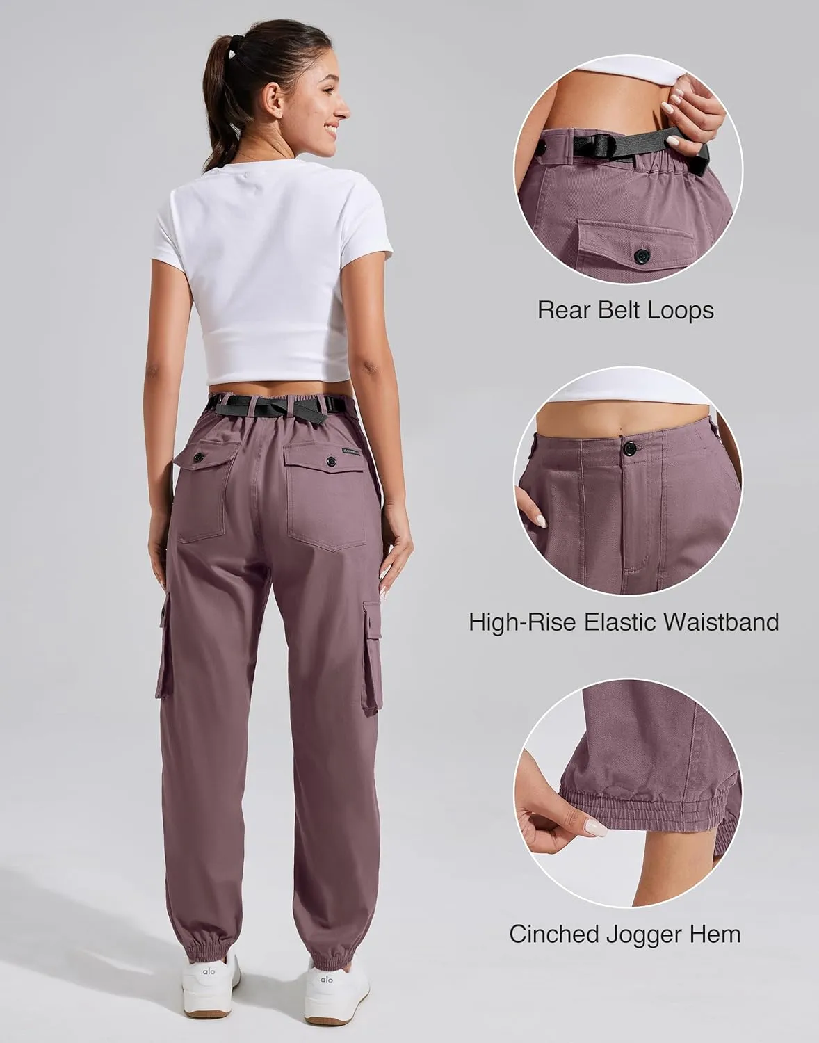 Pioneer Camp Women's Stretchy Cargo Pants with Pockets High-Rise Casual Hiking Cotton Joggers Adjustable Waistband with Belt