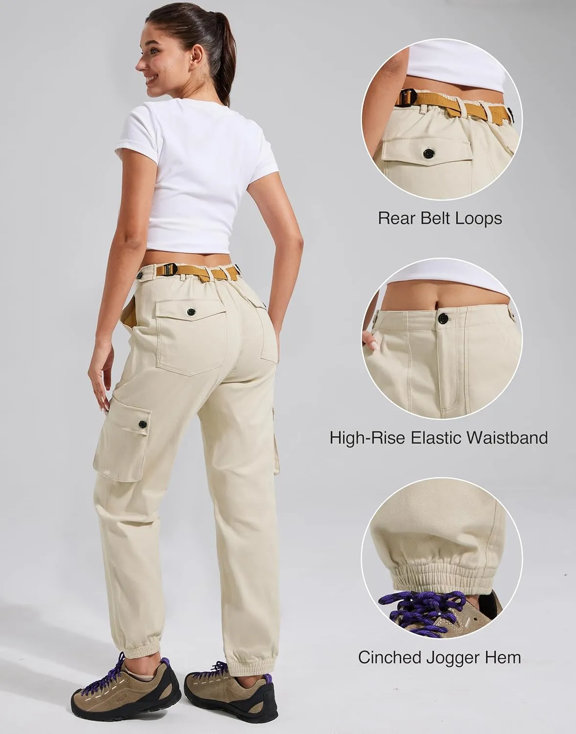 Pioneer Camp Women's Stretchy Cargo Pants with Pockets High-Rise Casual Hiking Cotton Joggers Adjustable Waistband with Belt