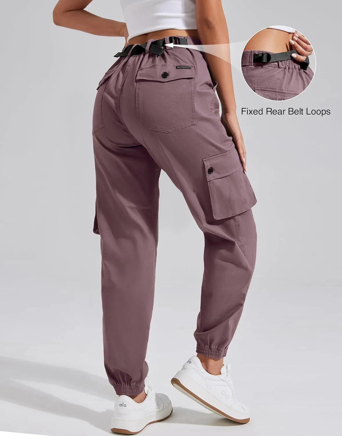 Pioneer Camp Women's Stretchy Cargo Pants with Pockets High-Rise Casual Hiking Cotton Joggers Adjustable Waistband with Belt