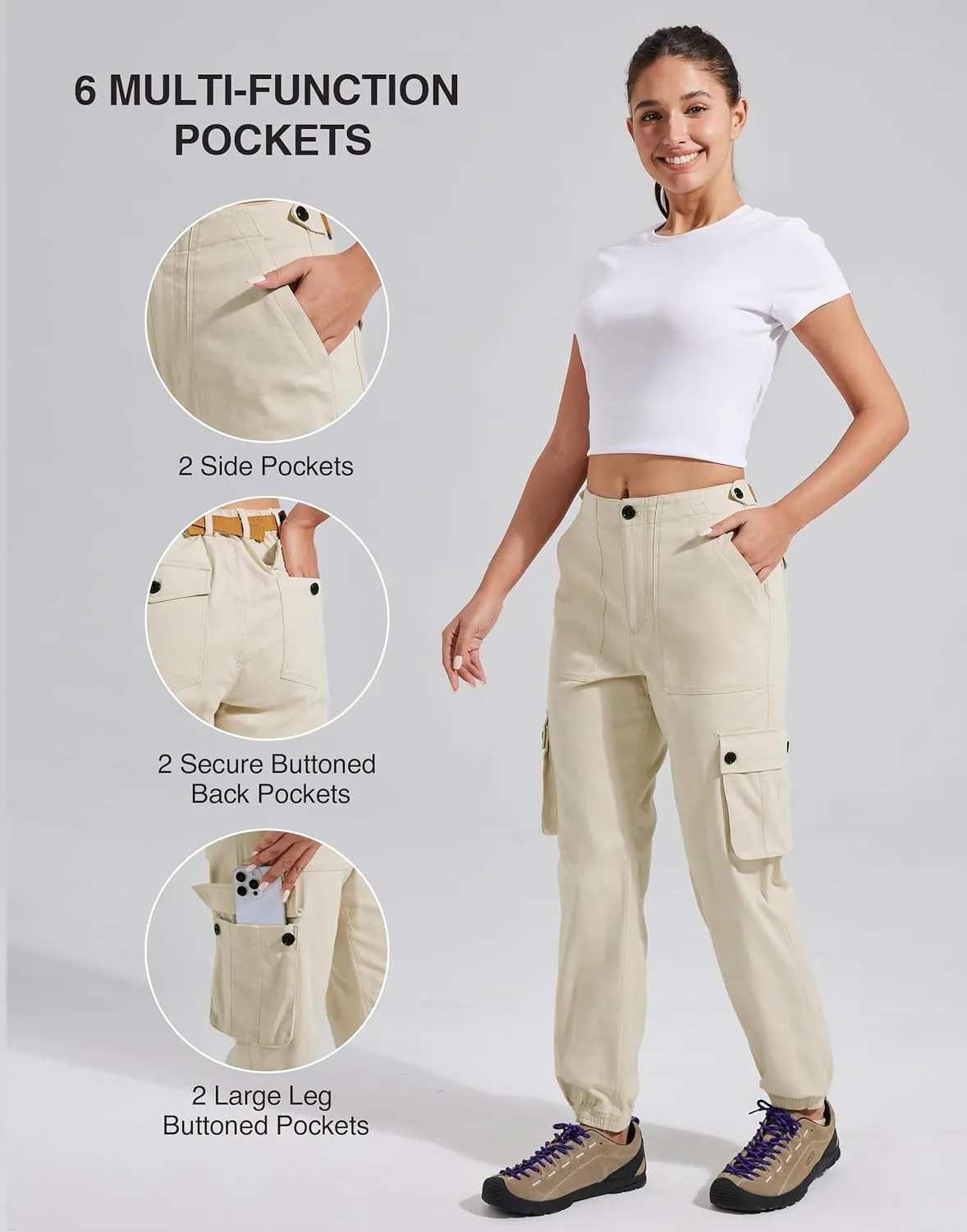 Pioneer Camp Women's Stretchy Cargo Pants with Pockets High-Rise Casual Hiking Cotton Joggers Adjustable Waistband with Belt