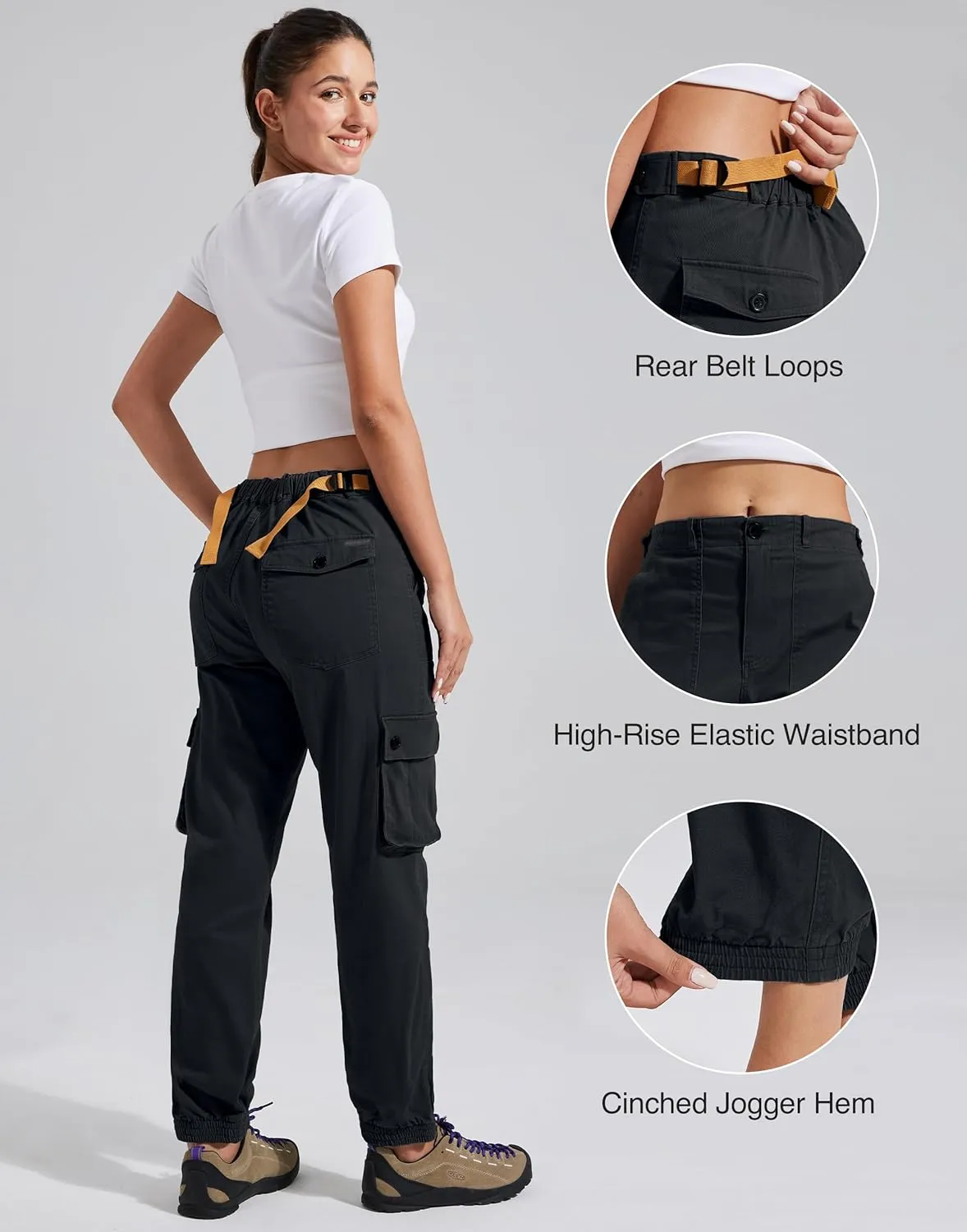 Pioneer Camp Women's Stretchy Cargo Pants with Pockets High-Rise Casual Hiking Cotton Joggers Adjustable Waistband with Belt