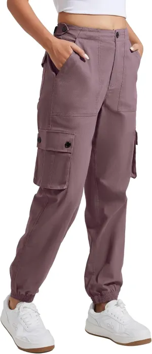 Pioneer Camp Women's Stretchy Cargo Pants with Pockets High-Rise Casual Hiking Cotton Joggers Adjustable Waistband with Belt