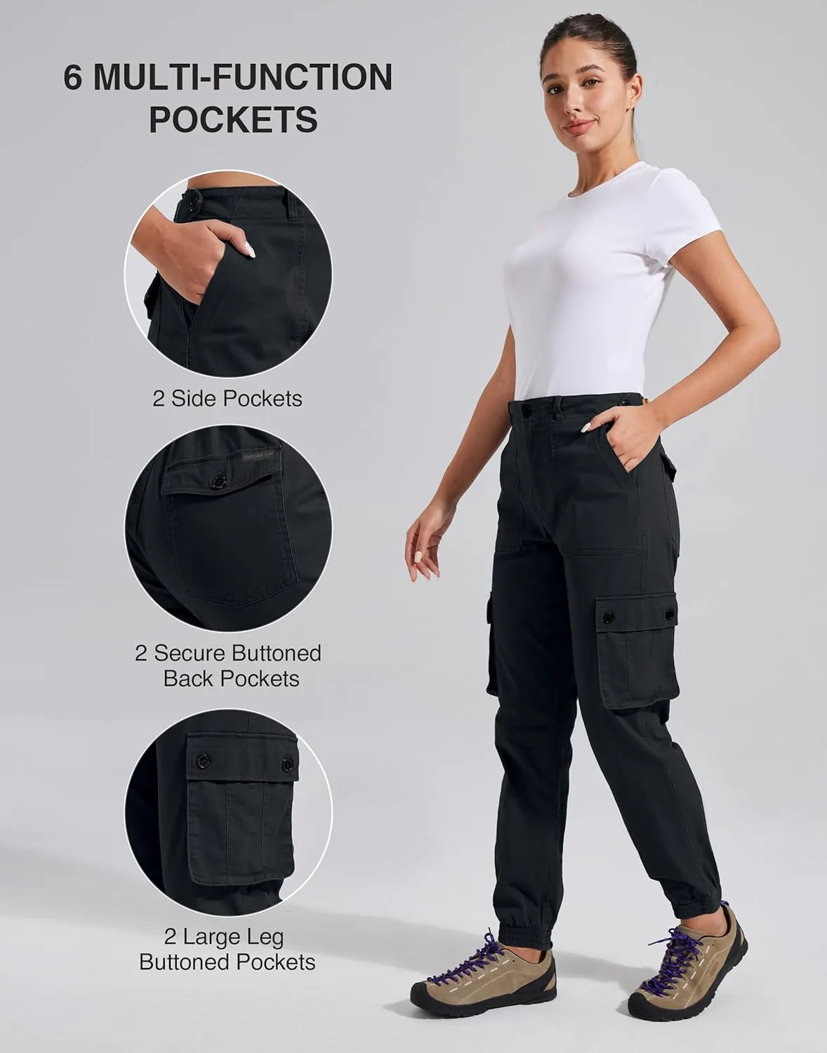 Pioneer Camp Women's Stretchy Cargo Pants with Pockets High-Rise Casual Hiking Cotton Joggers Adjustable Waistband with Belt