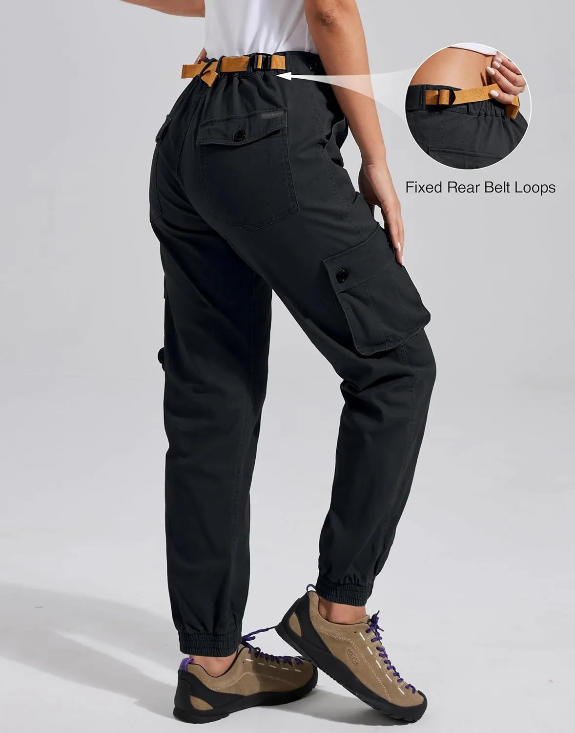 Pioneer Camp Women's Stretchy Cargo Pants with Pockets High-Rise Casual Hiking Cotton Joggers Adjustable Waistband with Belt