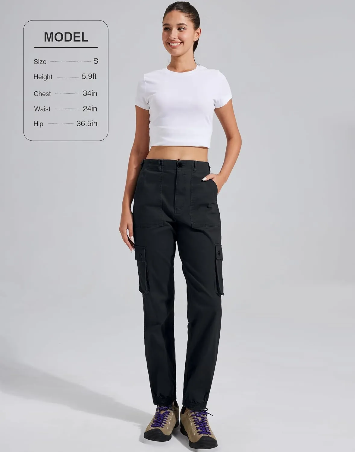 Pioneer Camp Women's Stretchy Cargo Pants with Pockets High-Rise Casual Hiking Cotton Joggers Adjustable Waistband with Belt