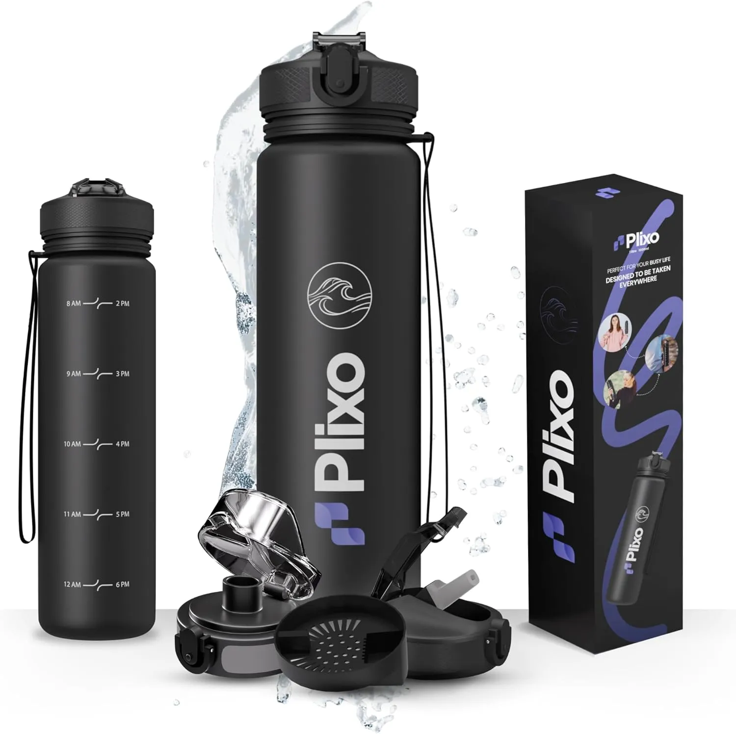 Plixo 32 Oz Water Bottle with 2 Lids (Silicone Straw Lid & Fast Flow Lid with Fruit Infuser) - Leak Proof, Durable Strong Strap, BPA Free Tritan, Time Markers - Made for Every Lifestyle