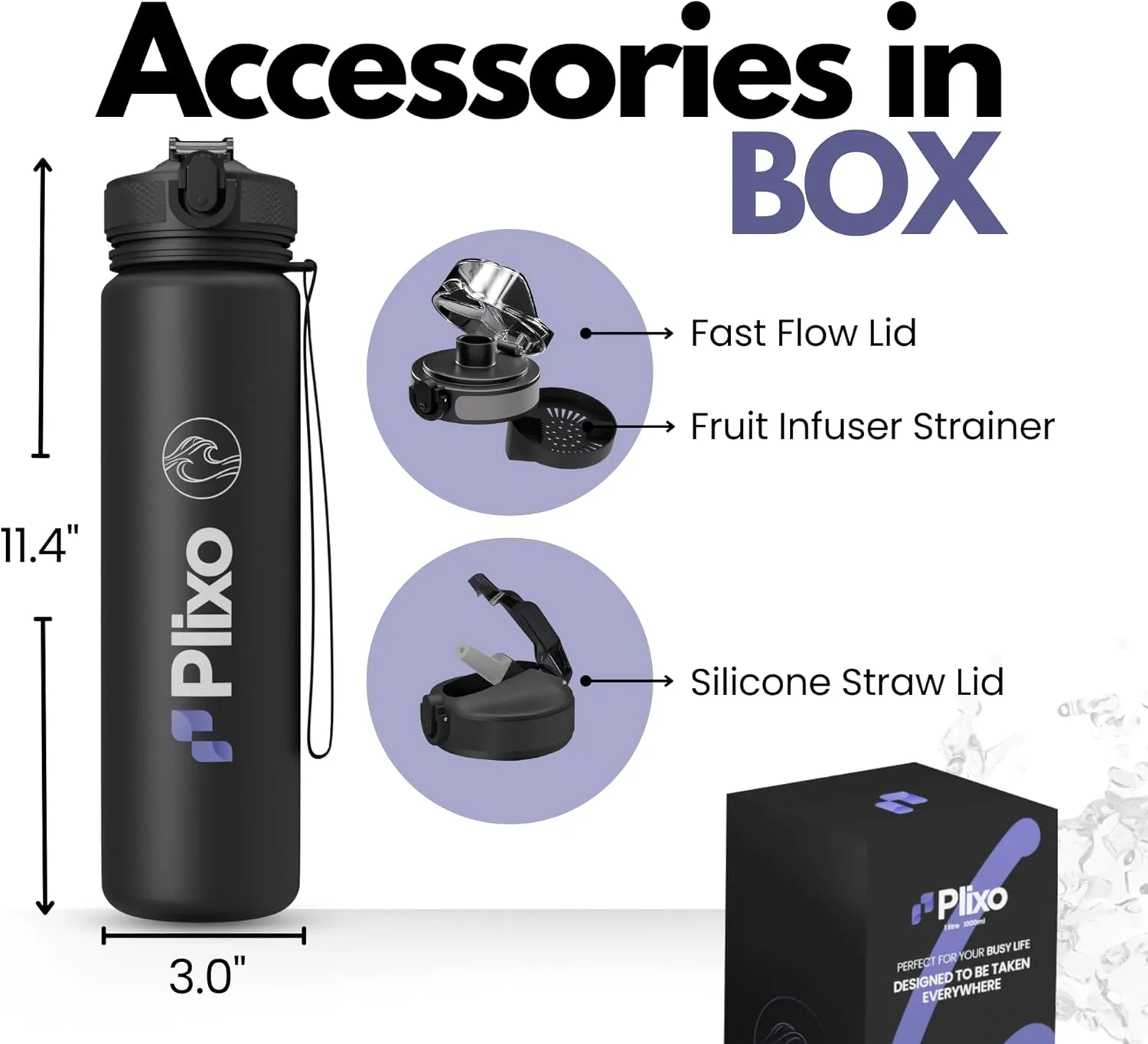 Plixo 32 Oz Water Bottle with 2 Lids (Silicone Straw Lid & Fast Flow Lid with Fruit Infuser) - Leak Proof, Durable Strong Strap, BPA Free Tritan, Time Markers - Made for Every Lifestyle