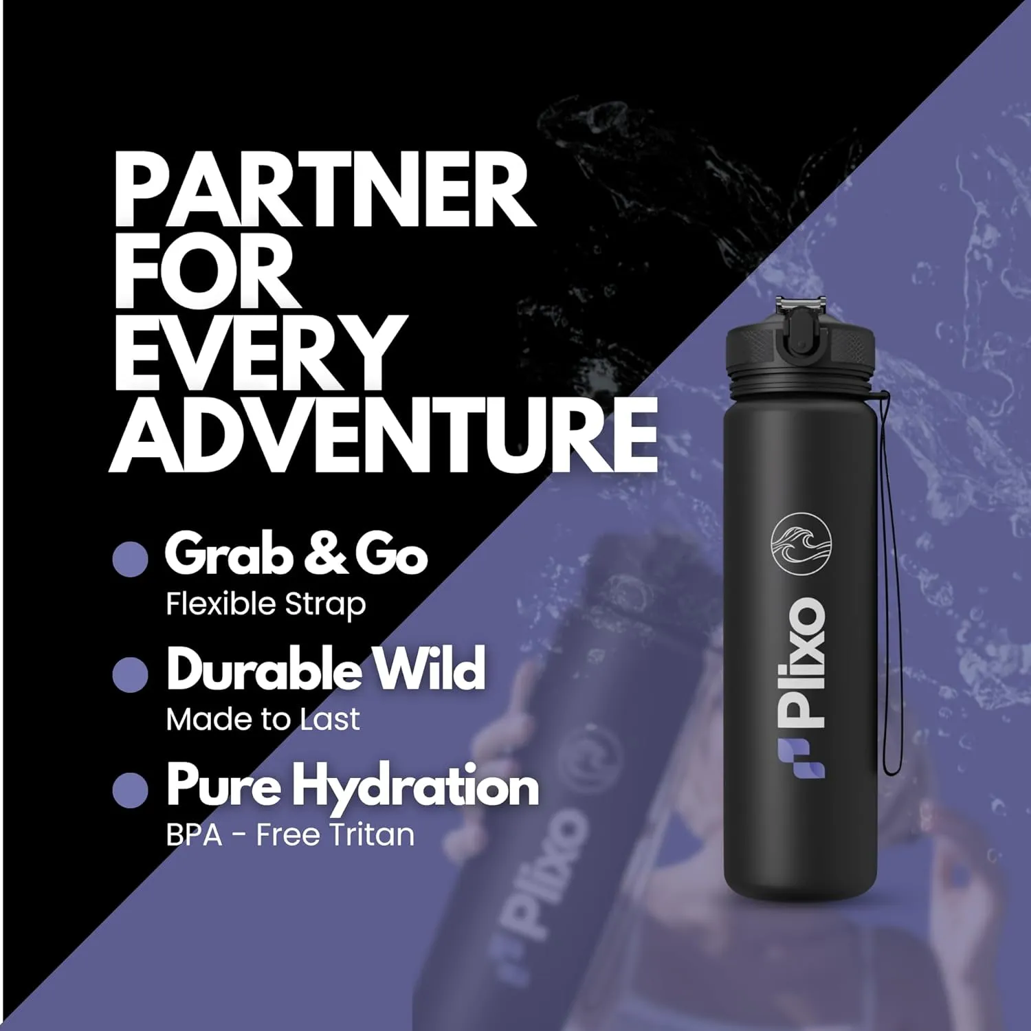 Plixo 32 Oz Water Bottle with 2 Lids (Silicone Straw Lid & Fast Flow Lid with Fruit Infuser) - Leak Proof, Durable Strong Strap, BPA Free Tritan, Time Markers - Made for Every Lifestyle