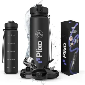 Plixo 32 Oz Water Bottle with 2 Lids (Silicone Straw Lid & Fast Flow Lid with Fruit Infuser) - Leak Proof, Durable Strong Strap, BPA Free Tritan, Time Markers - Made for Every Lifestyle