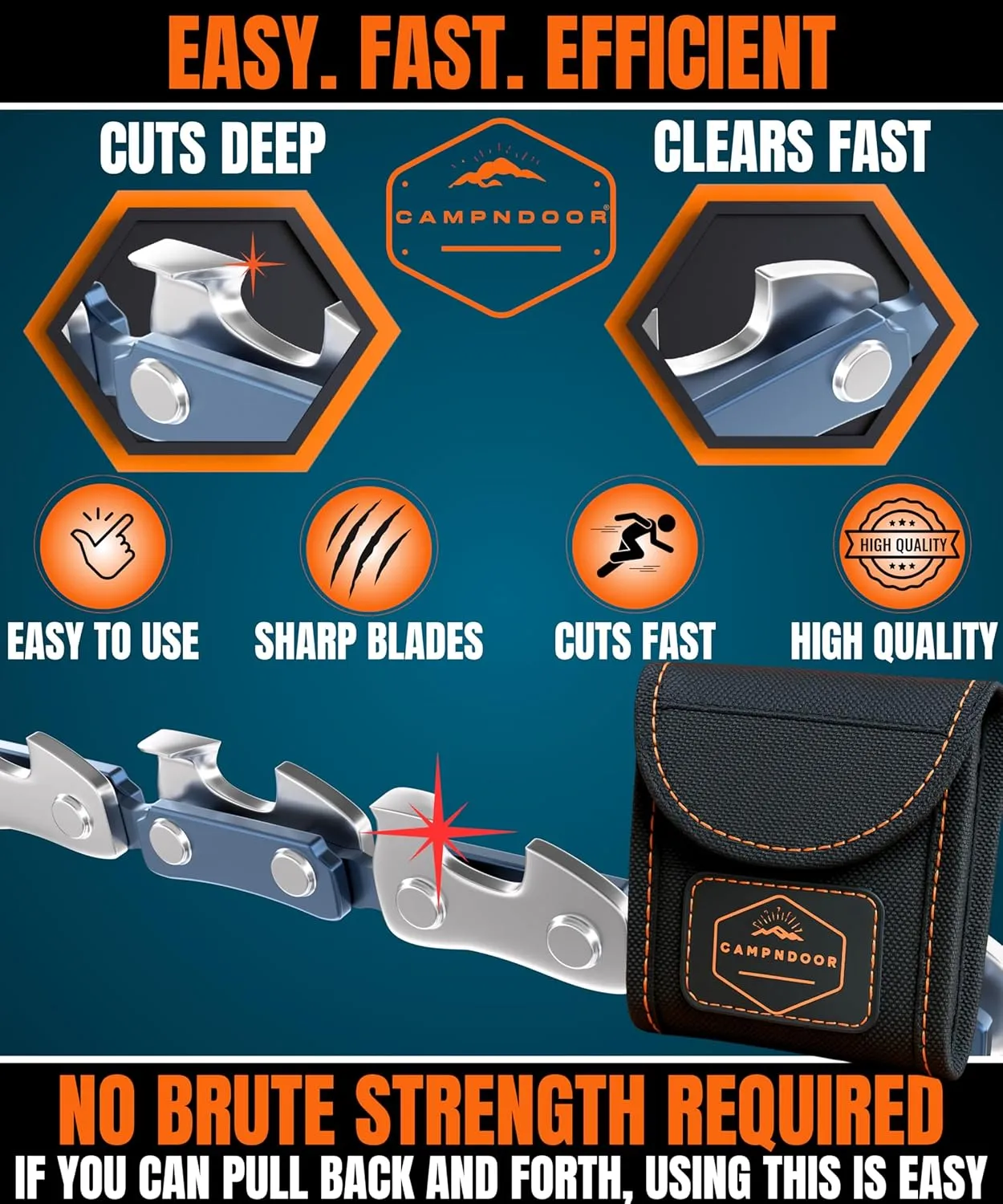 Pocket Chainsaw with Paracord Handles - Orange 65Mn Heavy Duty Steel Pocket Saw - 48 Teeth Survival Saw with Sturdy Handles and Bag - Handy Camping Gear - CAMPNDOOR Bushcraft Survival Gear