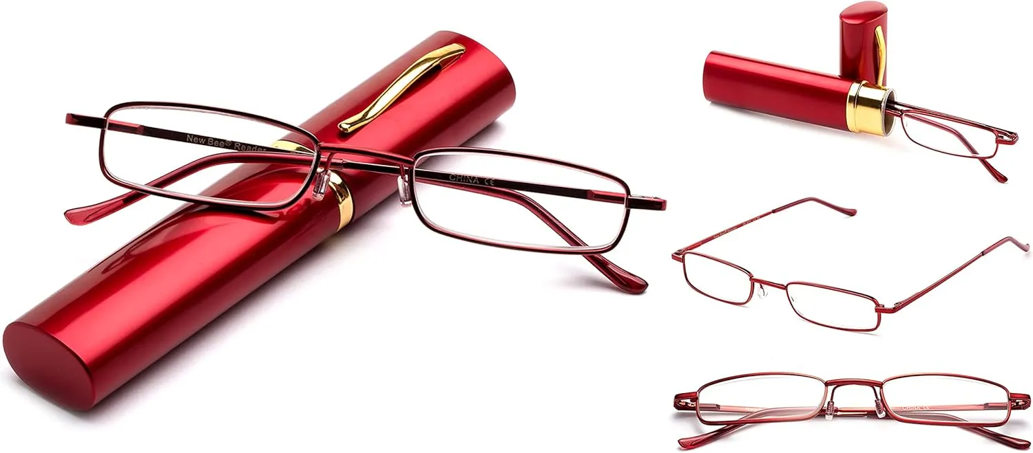 Pocket Tube Reading Glasses Ultra Slim Compact Unisex Light Weight Reading Glasses w/Portable Pocket Clip Aluminum Case