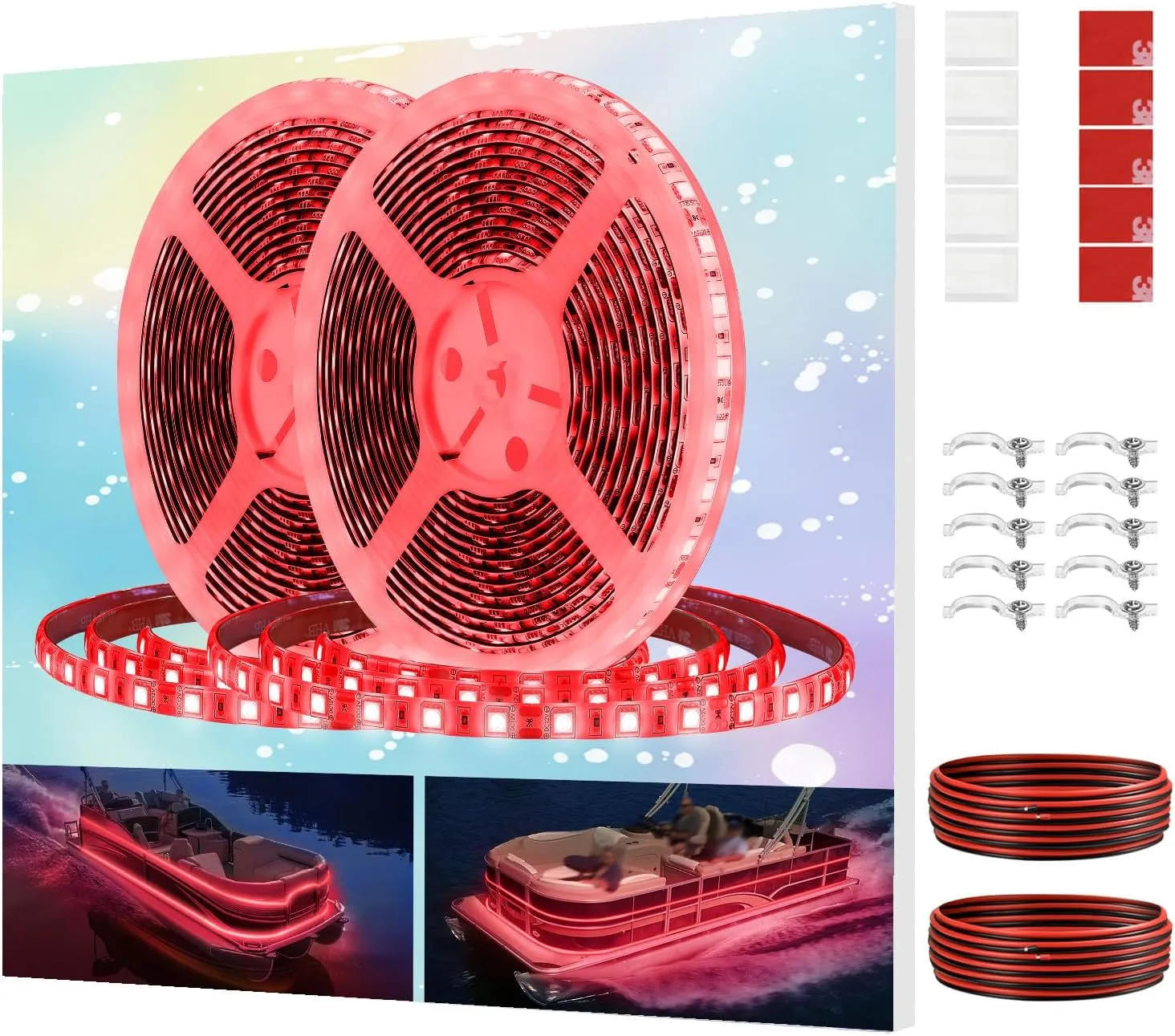Pontoon Boat LED Strip Lights, 12V 32.8FT Red Waterproof Marine LED Light Boat Interior Light, Boats Deck Hull Gunnel Lights, Night Fishing Lighting for Bass, Jon, Extension Cable Included