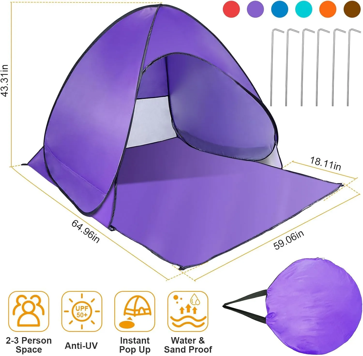 Pop Up Beach Tent, Anti UV Automatic Sun Shelter Umbrella, Portable Sun Shade Shelter for 2-3 People, Outdoor Instant Pop Up Beach Shade Tent with Carrying Bag, Purple