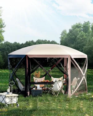 Pop Up Canopy Tent 12x12 Ft 6 Sided Pop Up Gazebo Screen Tent with Mesh Windows, Portable Carry Bag, Stakes, Instant Shade Screened in Gazebo for Outdoor Camping, Lawn, Backyard, Khaki/Beige