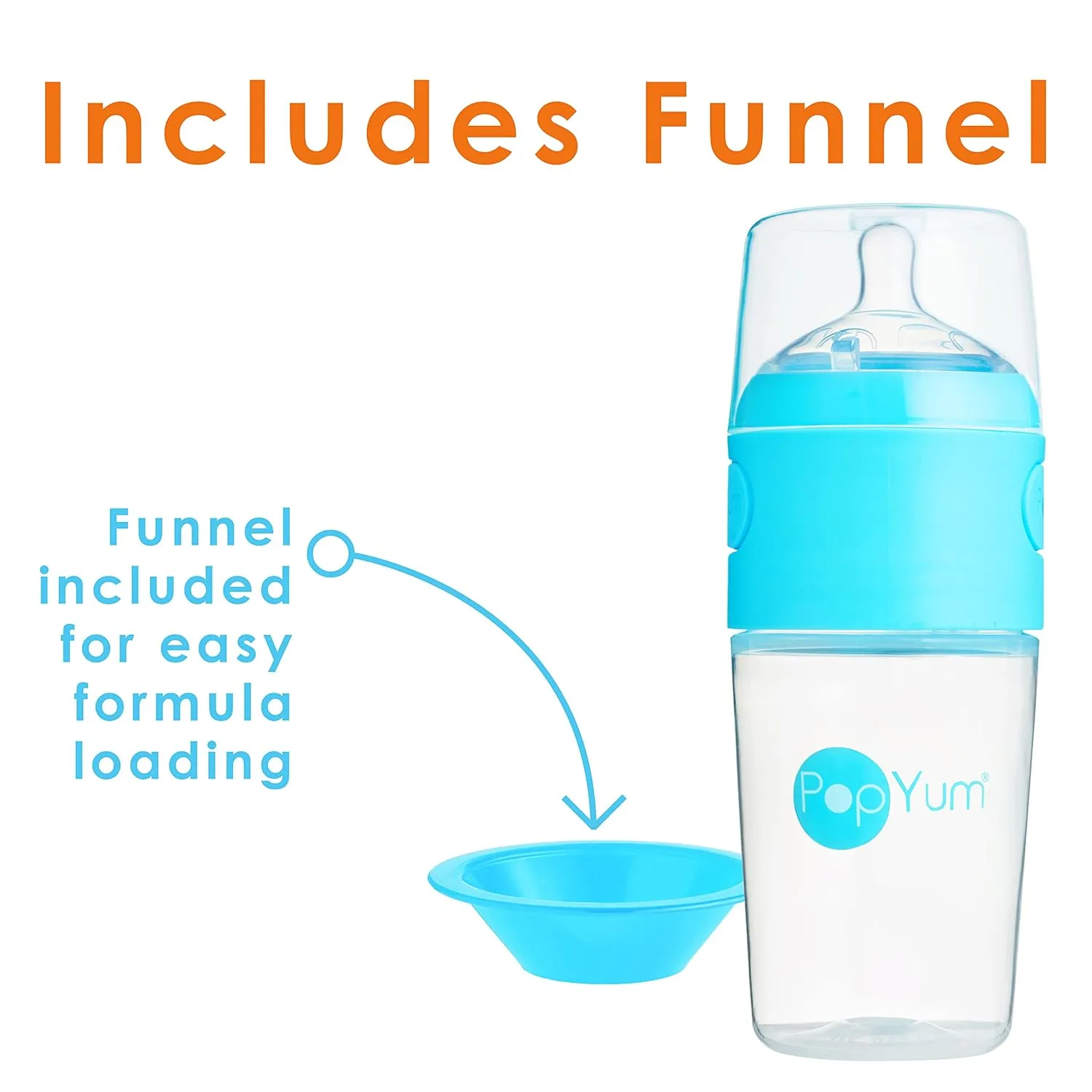 PopYum 9 oz Blue Anti-Colic Formula Making/Mixing/Dispenser Baby Bottles, 3-Pack with #2 Medium Flow Nipples, 260 ml, BPA-Free, Natural Latch