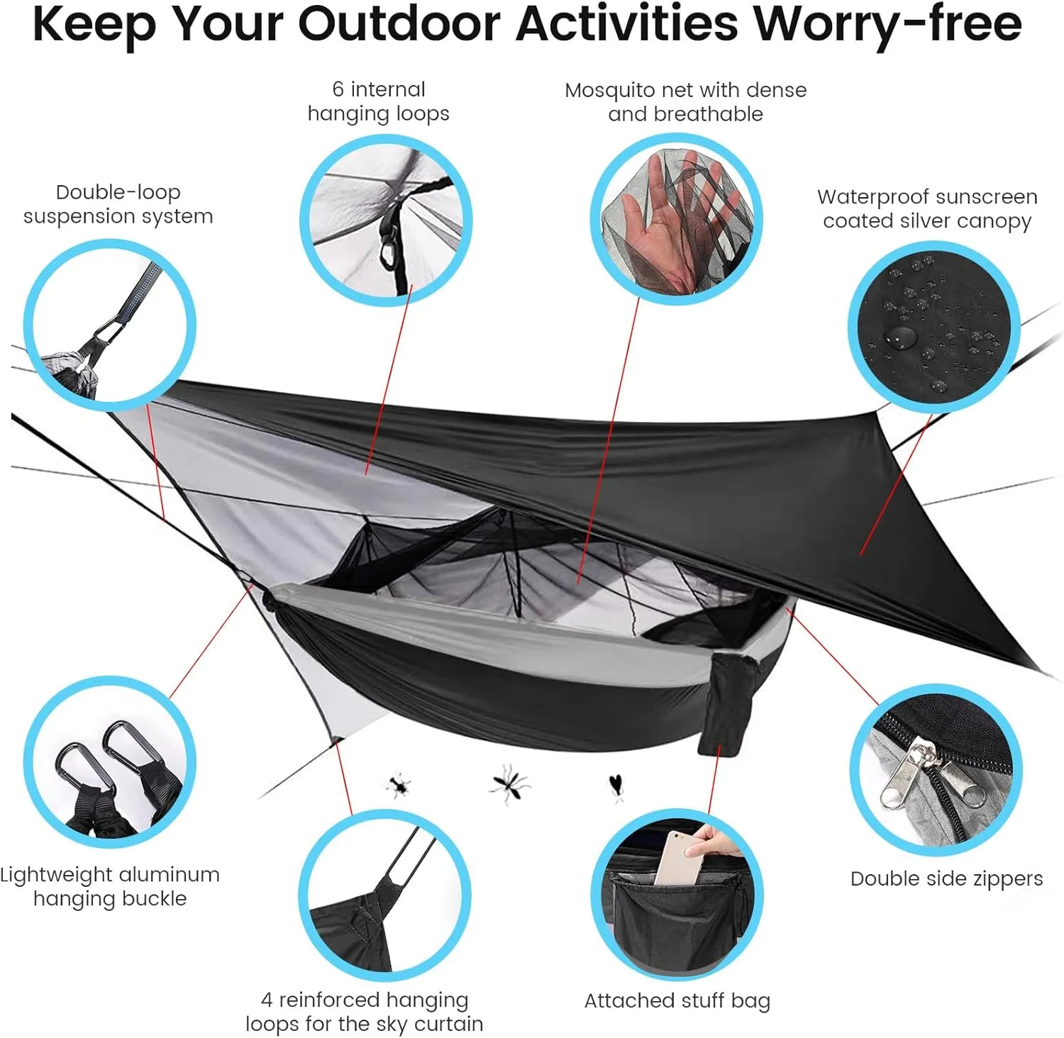Portable Double Camping Hammock,2 Person Nylon Parachute Hammock with Mos-Quito Net Outdoor Hammocks Tent with Waterproof Rainfly Awning for Outdoors Camping Backpacking Hiking Travel