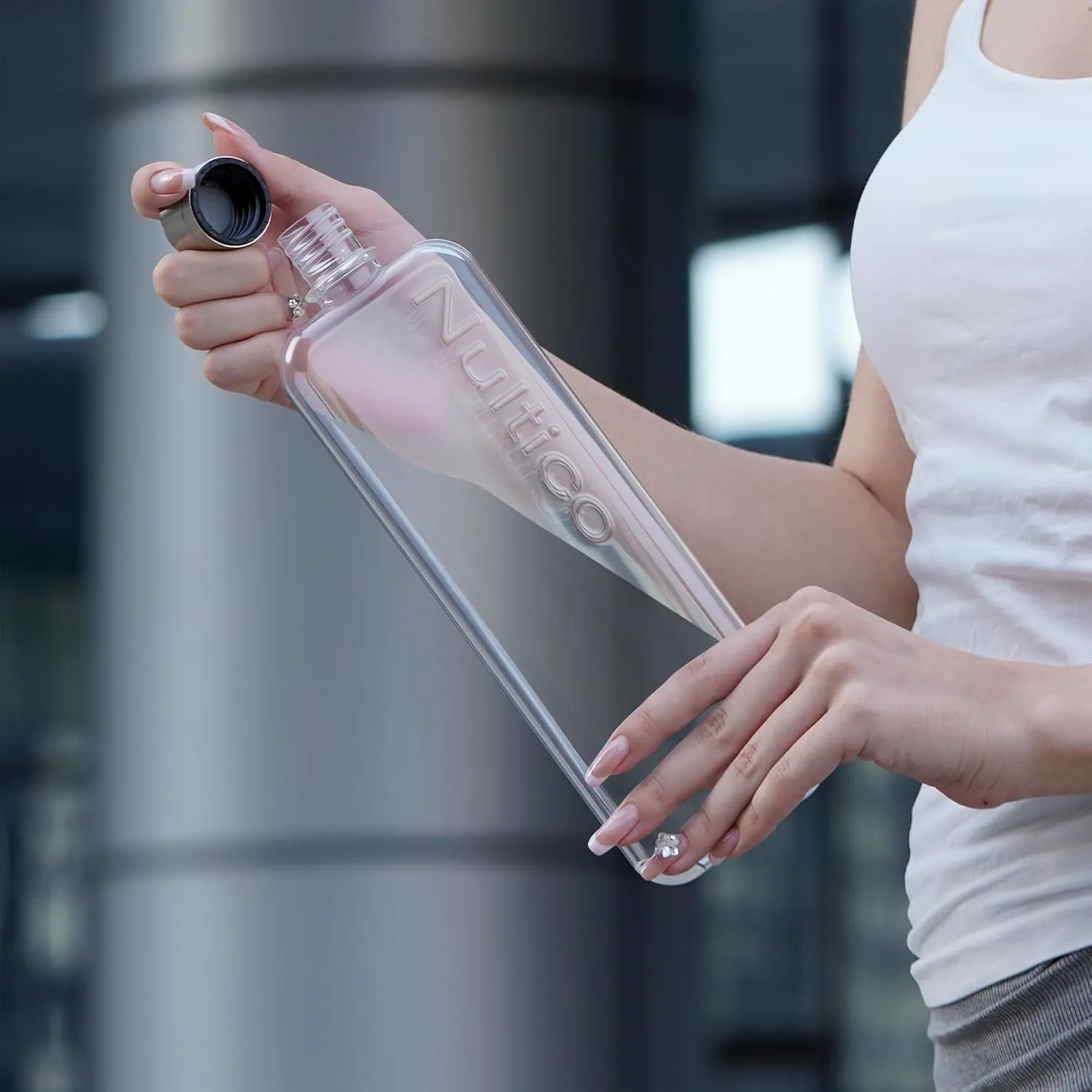 Portable Flat Water Bottle, 15 oz BPA Free Slim Drinking Bottle, Plastic Travel Flask for Outdoor Sports, Camping, Fitness, Gym, Fits Purse Bag Pocket - transparent