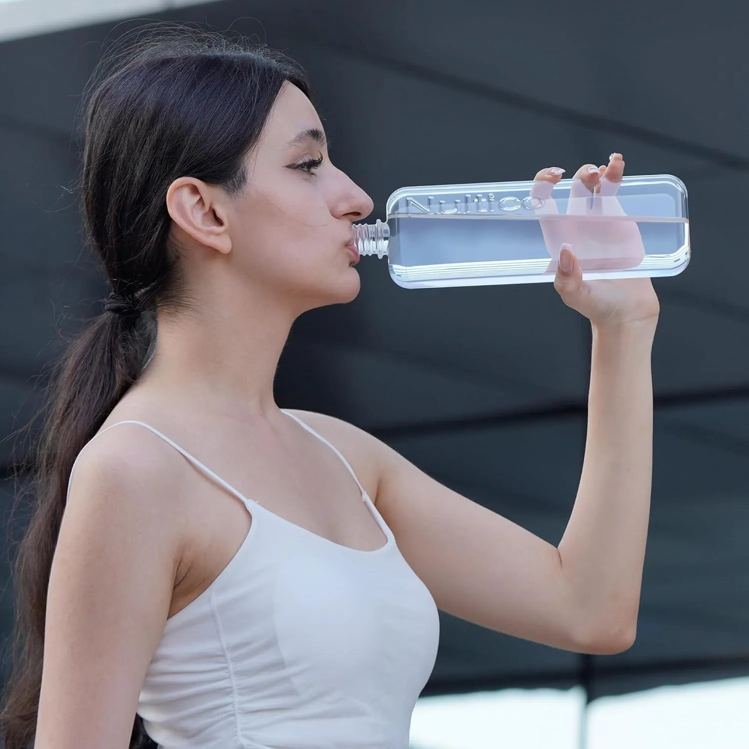 Portable Flat Water Bottle, 15 oz BPA Free Slim Drinking Bottle, Plastic Travel Flask for Outdoor Sports, Camping, Fitness, Gym, Fits Purse Bag Pocket - transparent